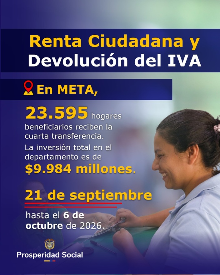 Gráfico publicitario institucional en tonos azules. A la derecha se aprecia de perfil a una mujer sonriente recogiendo dinero en una taquilla. A la izquierda señala que en el departamento del Meta, 23.595 hogares reciben la cuarta transferencia de Renta Ciudadana y Devolución del IVA, sumando $9.984 millones entre el 21 de septiembre y el 6 de octubre de 2026.