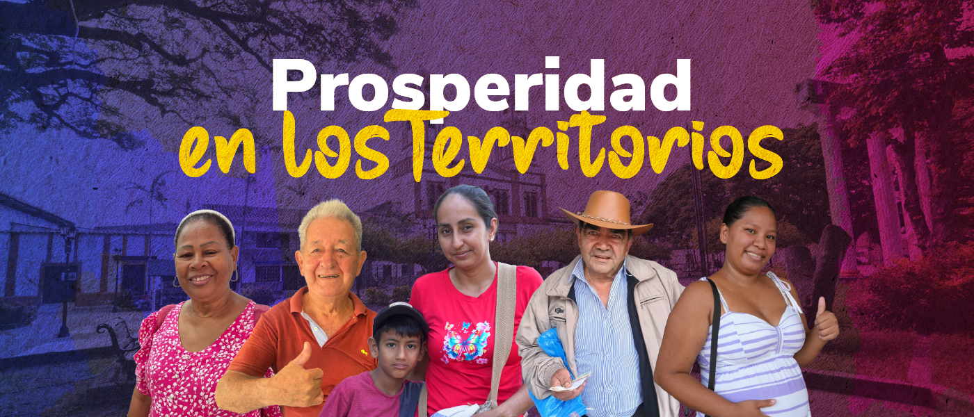 Imagen institucional del programa Prosperidad en los Territorios sobre un fondo en tonos morado y rosado con paisajes urbanos y rurales. En primer plano, seis personas de distintas edades y comunidades sonríen a la cámara, entre ellas un adulto mayor haciendo un gesto de aprobación con el pulgar arriba, un hombre con sombrero campesino y una mujer embarazada. El título aparece arriba en grande.
