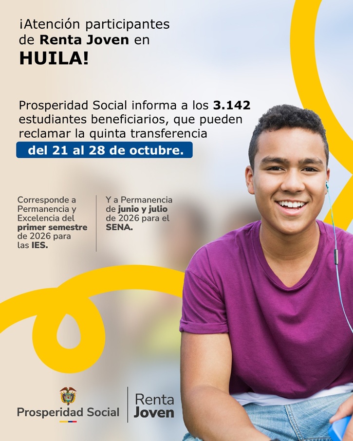 Imagen informativa de Prosperidad Social sobre la quinta transferencia de Renta Joven en Huila. A la derecha, un joven sonríe con audífonos. El texto indica que 3.142 estudiantes beneficiarios pueden reclamar del 21 al 28 de octubre. Corresponde a Permanencia y Excelencia del primer semestre 2026 para IES, y Permanencia de junio y julio de 2026 para el SENA.