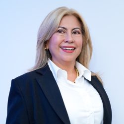 Gerente Meta: Fotografía de plano medio de una mujer de tez clara y cabello rubio con tonos castaños, peinado hacia los lados. Sonríe abiertamente mostrando los dientes, lleva maquillaje sutil con labial rosado. Viste una camisa blanca formal de cuello abierto con un collar dorado de cuentas y un saco de vestir color azul oscuro o negro. El fondo es neutro e iluminado en tonos azul claro.